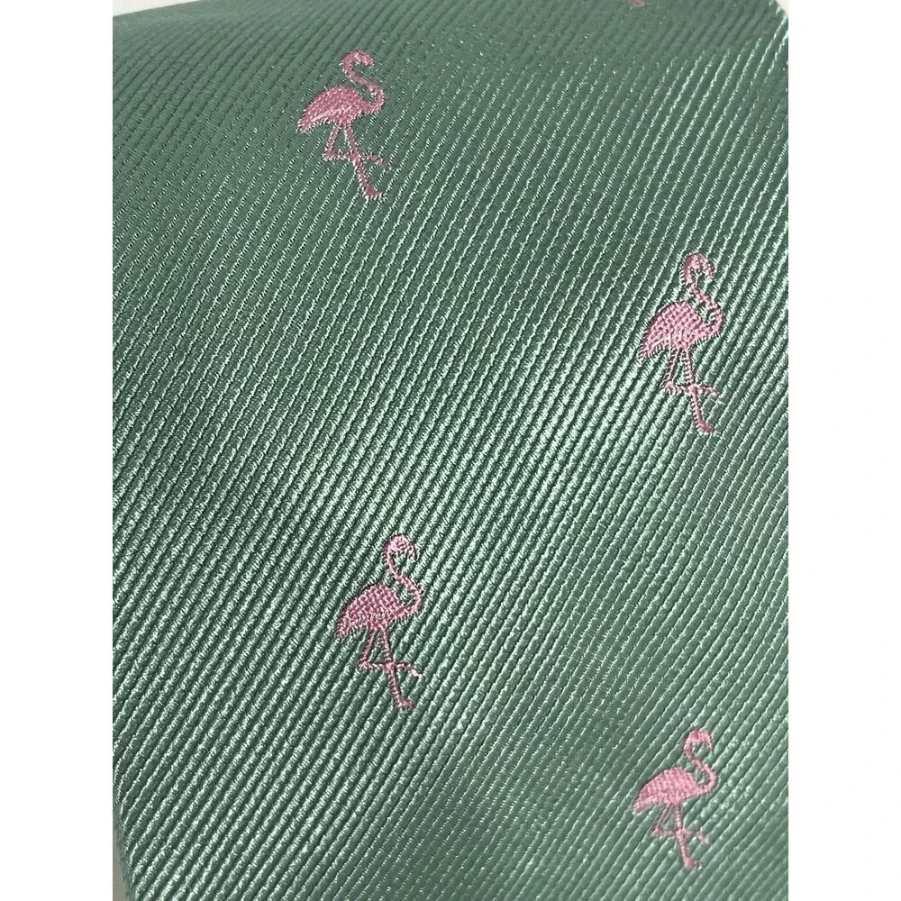 J. Crew The Narrow Tie Green Silk w/ Pink Embroidered Flamingos 3 x 59